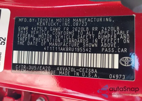 2024 Toyota Camry Se z USA, uszkodzony, nr VIN 4T1T11AK8RU195542